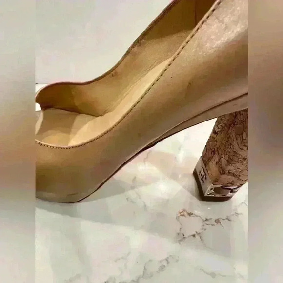 CHANEL Beige Leather Peep Toe Platform Cork Chain Heel Pumps (Size 39 1/2) - Picture 16 of 16